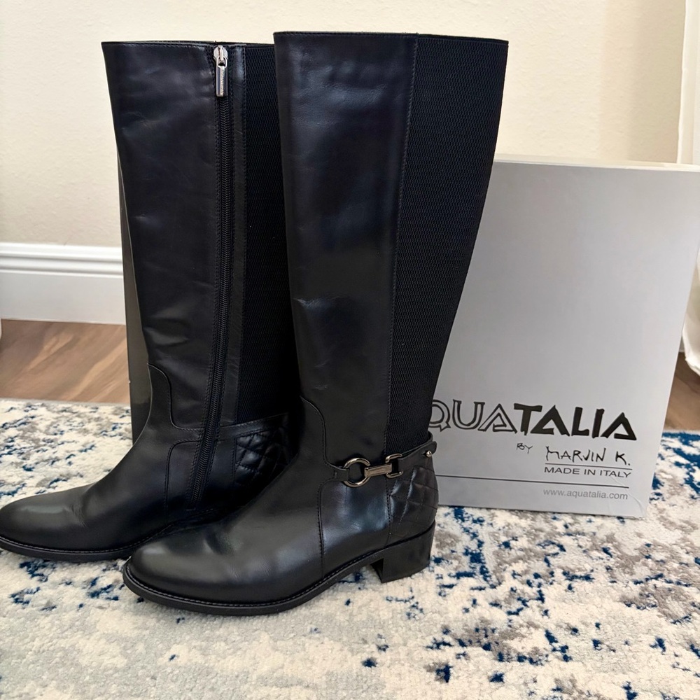 Aquatalia Oralie Black Leather Knee High Boots Size 7 Made in Italy
